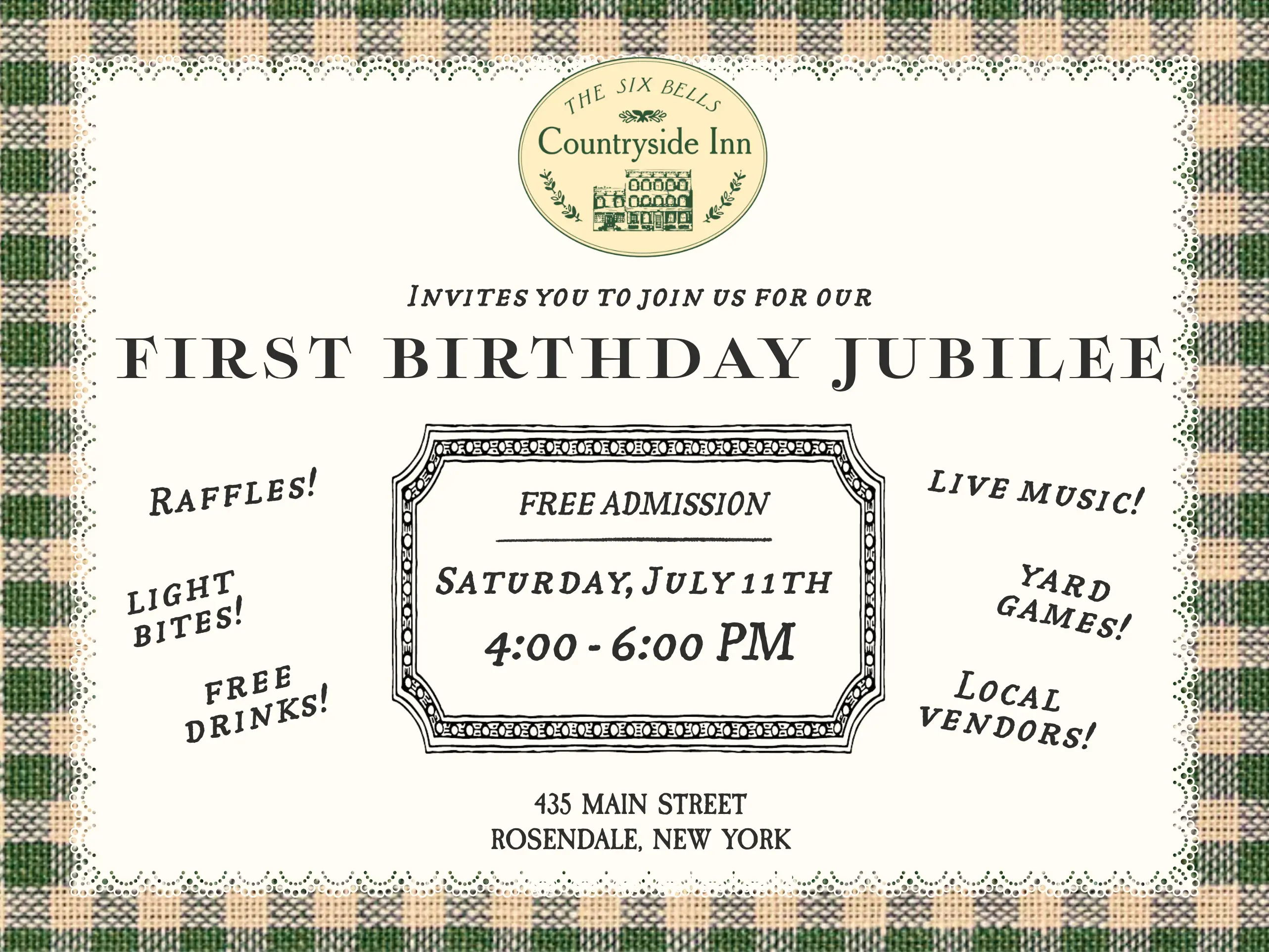 An invitation to The Six Bells Countryside Inn's First Birthday Jubilee